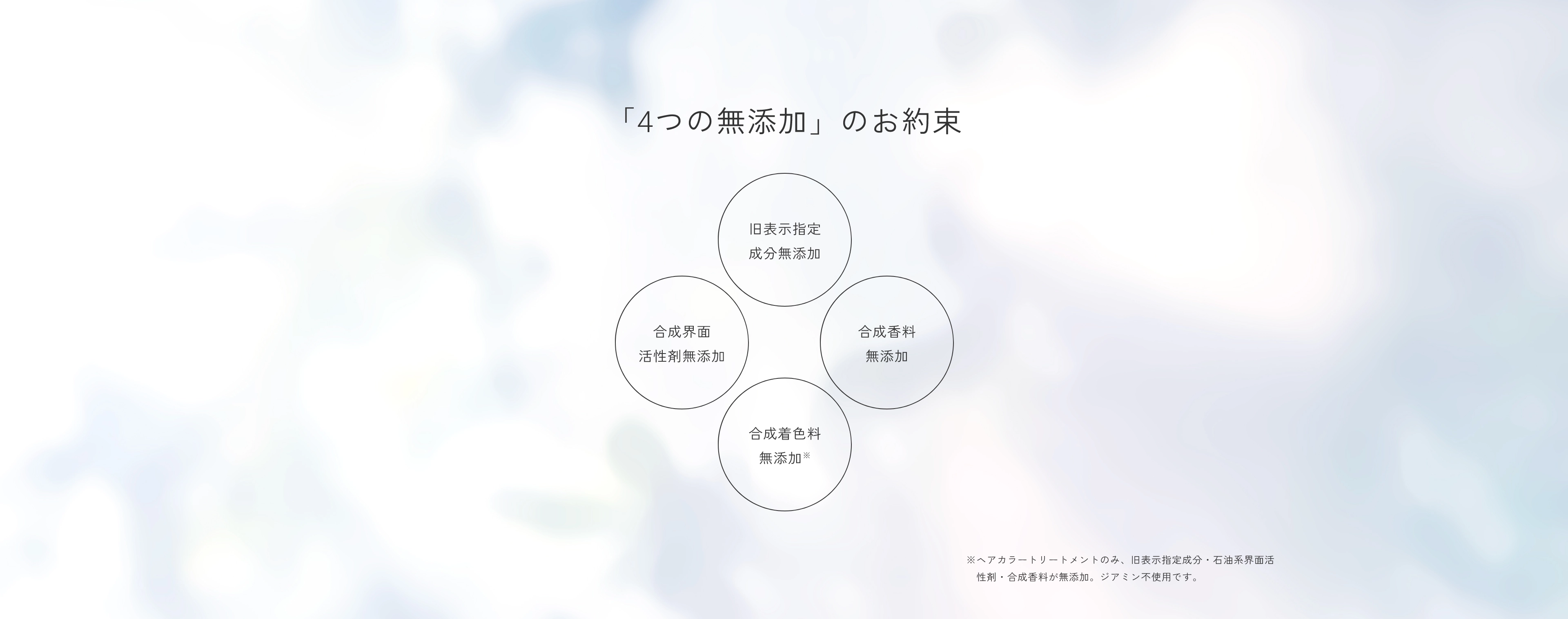 「4つの無添加」のお約束。表示指定成分無添加、合成香料無添加、合成界面活性剤無添加、合成着色料無添加。